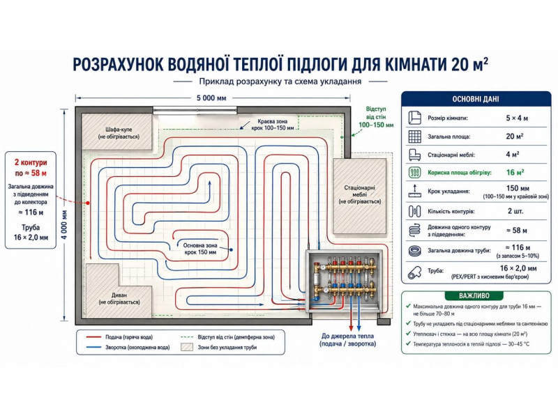 Комплектующие для водяного тёплого пола: расчёт на примере комнаты 20 м²