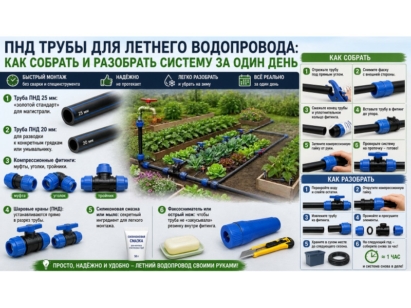 ПНД трубы для летнего водопровода: как собрать и разобрать систему за один день